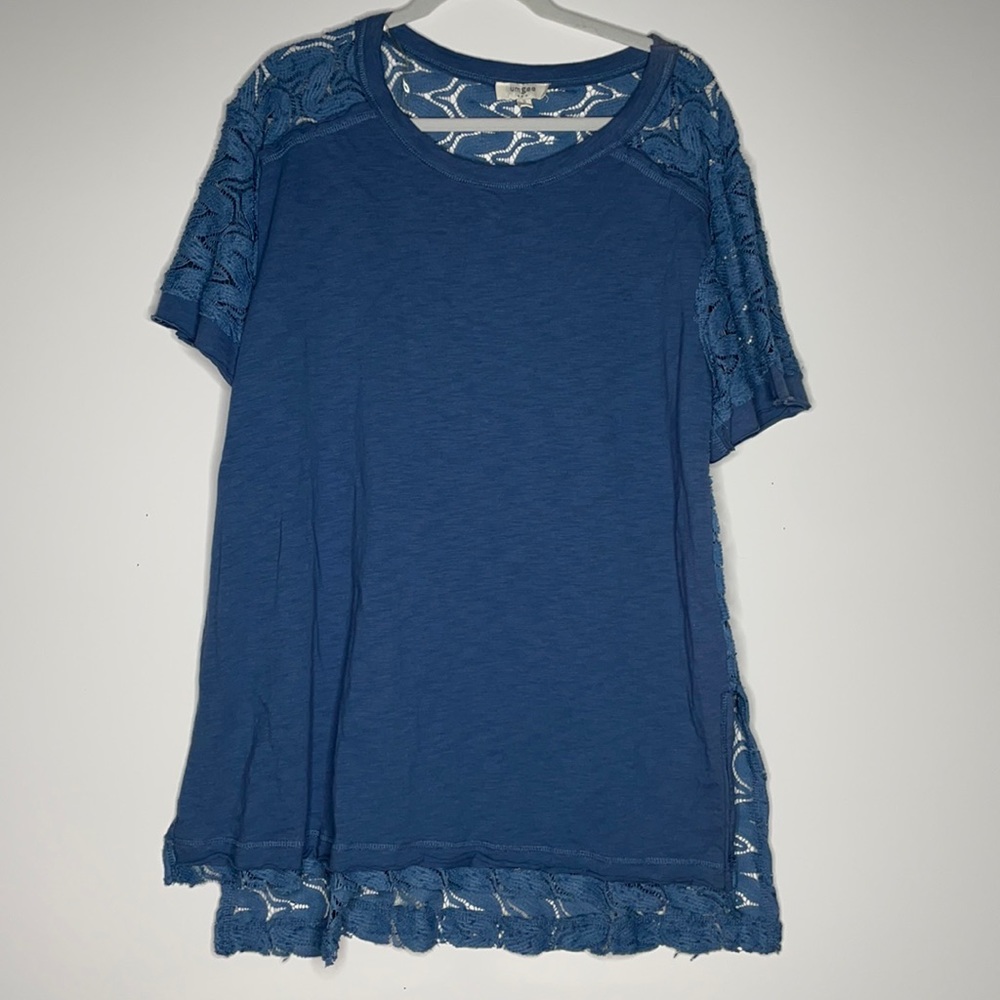 Umgee Short Sleeve Shirt Lace Back Blue sz Sm